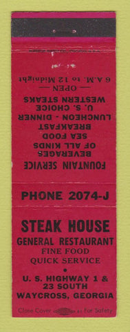 Matchbook Cover - Steak House General Restaurant Waycross GA