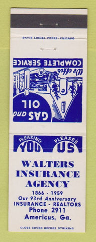 Matchbook Cover - Walters Insurance Agency Americus GA