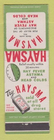 Matchbook Cover - Haysma for Hay Fever Asthma Head Colds Drug