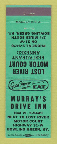 Matchbook Cover - Murray's Drive Inn Bowling Green KY Lost River Motel GREEN
