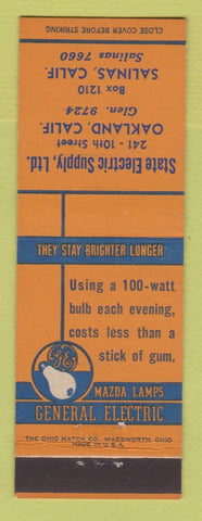 Matchbook Cover - Mazda GE Light Bulbs Lamps Oakland Salinas CA