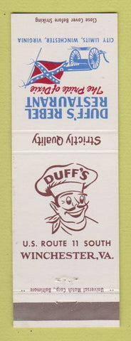 Matchbook Cover - Duff's Rebel Restaurant Winchester VA