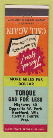 Matchbook Cover - Torque oil gas Hartford WI Elmer Sauter