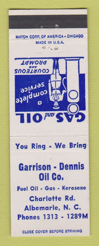 Matchbook Cover - Garrison Dennis oil gas Albemarle NC