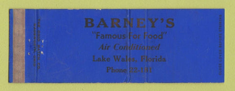 Matchbook Cover - Barney's Restaurant Lake Wales FL WEAR