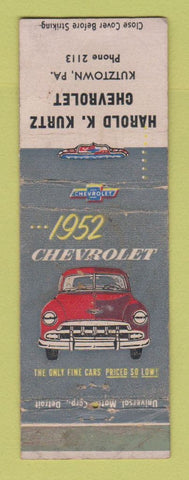 Matchbook Cover - 1952 Chevrolet Harold Kurtz Kutztown PA WORN