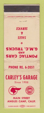 Matchbook Cover - Carley's Garage Pontiac GMC Angles Camp CA WORN