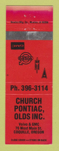 Matchbook Cover - Church Pontiac Oldsmobile GMC Volvo Coquille OR WEAR