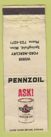 Matchbook Cover - Weber Ford Mercury Springfield MN Pennzoil oil POOR