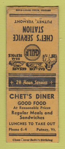 Matchbook Cover - Chet's Diner Putney VT Gulf oil gas WORN BOBTAIL