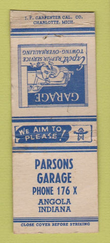 Matchbook Cover - Parsons Garage Angola IN BOBTAIL