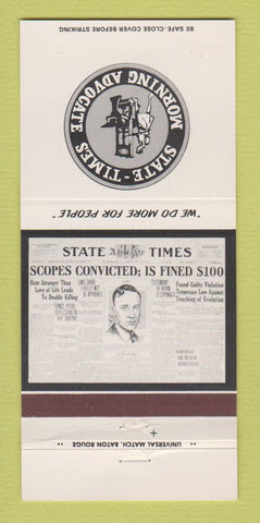 Matchbook Cover - State Times Baton Rouge LA Newspaper John Scopes 30 Strike