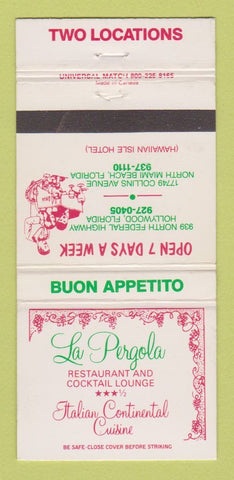 Matchbook Cover La Pergola Restaurant Italian Miami Beach Hollywood FL 30 Strike