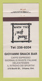 Matchbook Cover - Giovanni Snack Bar Ottawa ON 30 Strike
