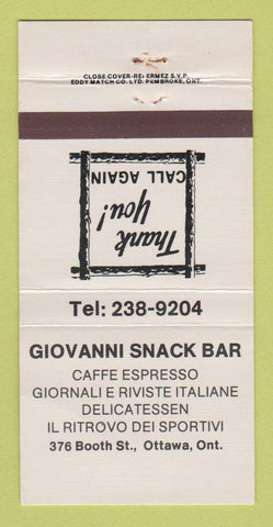 Matchbook Cover - Giovanni Snack Bar Ottawa ON 30 Strike