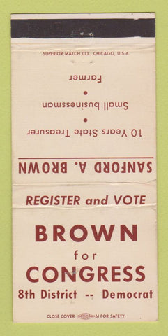 Matchbook Cover - Sanford Brown for Congress Election WEAR 30 Strike