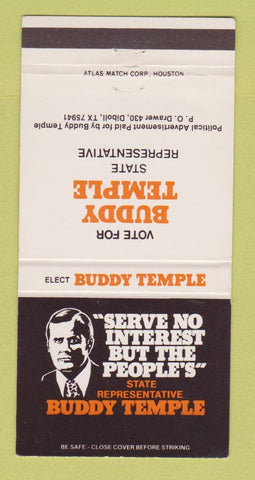 Matchbook Cover - Buddy Temple State Rep Election Diboll TX 30 Strike