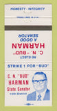 Matchbook Cover - CN Bud Harman State Senate Election 30 Strike