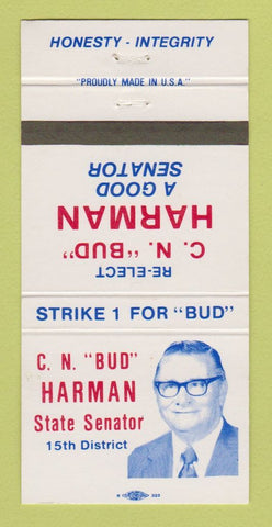 Matchbook Cover - CN Bud Harman State Senate Election 30 Strike