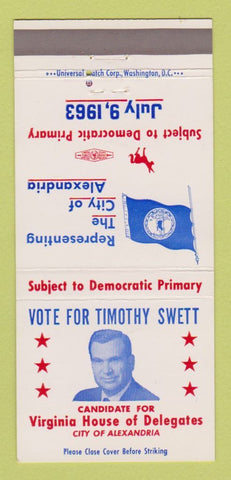 Matchbook Cover - Timothy Swett VA House of Delegates Alexandria 30 Strike