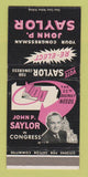 Matchbook Cover - John Saylor Congress  PA? 30 Strike