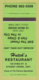 Matchbook Cover - Hutch's Restaurant Stoney Creek ON GREEN 30 Strike
