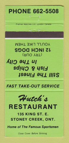 Matchbook Cover - Hutch's Restaurant Stoney Creek ON GREEN 30 Strike