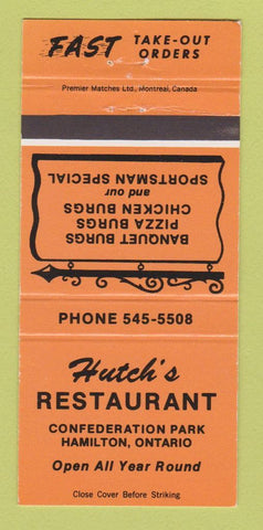Matchbook Cover - Hutch's Restaurant Stoney Creek ON ORANGE 30 Strike