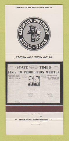 Matchbook Cover - State Times Newspaper Baton Rouge LA Prohibition 30 Strike