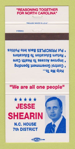 Matchbook Cover - Jesse Shearin North Carolina House NC  30 Strike