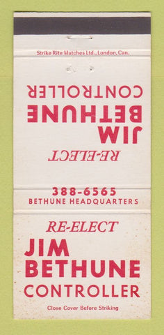 Matchbook Cover - Jim Bethune Controller Election Canada WEAR 30 Strike