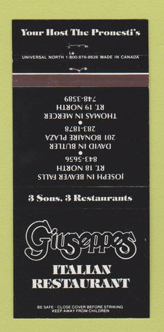 Matchbook Cover - Giuseppe's Italian Restaurant Mercer Butler PA 30 Strike