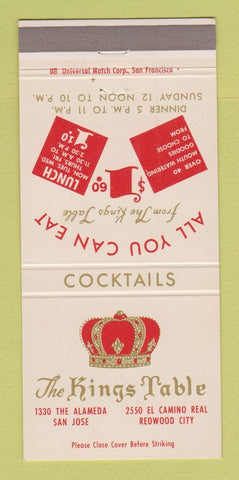 Matchbook Cover - Kings Table Restaurant San Jose Redwood City CA 30 Strike