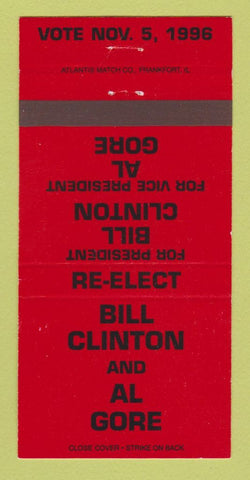 Matchbook Cover - Bill Clinton for President 1996 Al Gore RED 30 Strike