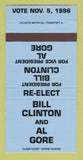 Matchbook Cover - Bill Clinton for President 1996 Al Gore BLUE 30 Strike