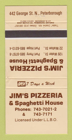 Matchbook Cover - Jim's Pizzeria Pizza North Peterborough ON WORN 30 Strike
