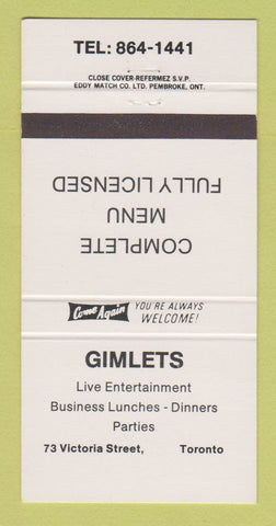 Matchbook Cover - Gimlets Restaurant Toronto ON 30 Strike