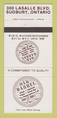 Matchbook Cover - Oak Barrel Restaurant Sudbury ON 30 Strike