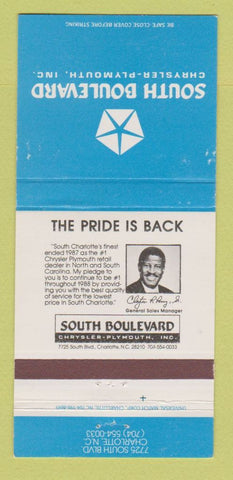 Matchbook Cover - South Boulevard Chrysler Plymouth Charlotte NC 30 Strike