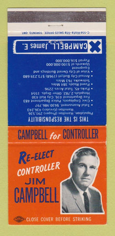 Matchbook Cover - Jim Campbell Controller Election Hamilton ON 30 Strike