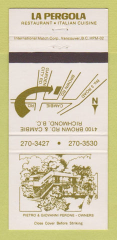 Matchbook Cover - La Pergola Italian Restaurant Richmond BC WORN BACK 30 Strike