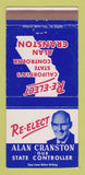 Matchbook Cover Alan Cranston State Controller Election CA California 30 Strike