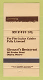 Matchbook Cover - Giovanni's Restaurant Ottawa ON 30 Strike