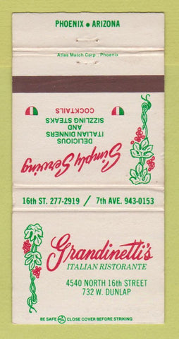 Matchbook Cover - Grandinetti's Italian Restaurant Phoenix AZ 30 Strike