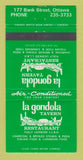 Matchbook Cover - La Gondola Tavern Restaurant Ottawa ON 30 Strike