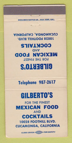 Matchbook Cover - Gilberto's Mexican Restaurant Cucamonga CA 30 Strike