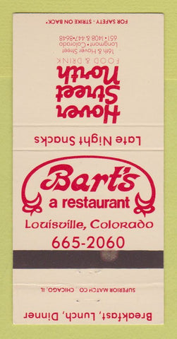 Matchbook Cover - Bart's Louisville Hover St North Longmont Colorado 30 Strike