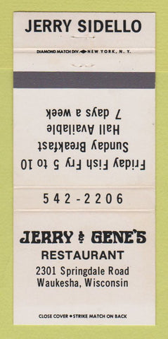 Matchbook Cover - Jerry & Gene's Restaurant Waukesha WI 30 Strike