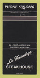 Matchbook Cover - LA Verendrye Steak House Dauphin MB 30 Strike
