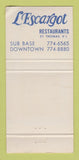 Matchbook Cover - L'Escargot Restaurants St Thomas Virgin Islands WEAR 30 Strike